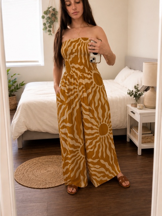 Patrons of Peace Pants - Patrons of Peace Mustard Sunburst Strapless Wide-Leg Jumpsuit